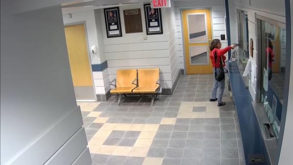 Footage shows Suzanne Laprise in the lobby flashing and slamming a handgun several times on the glass.